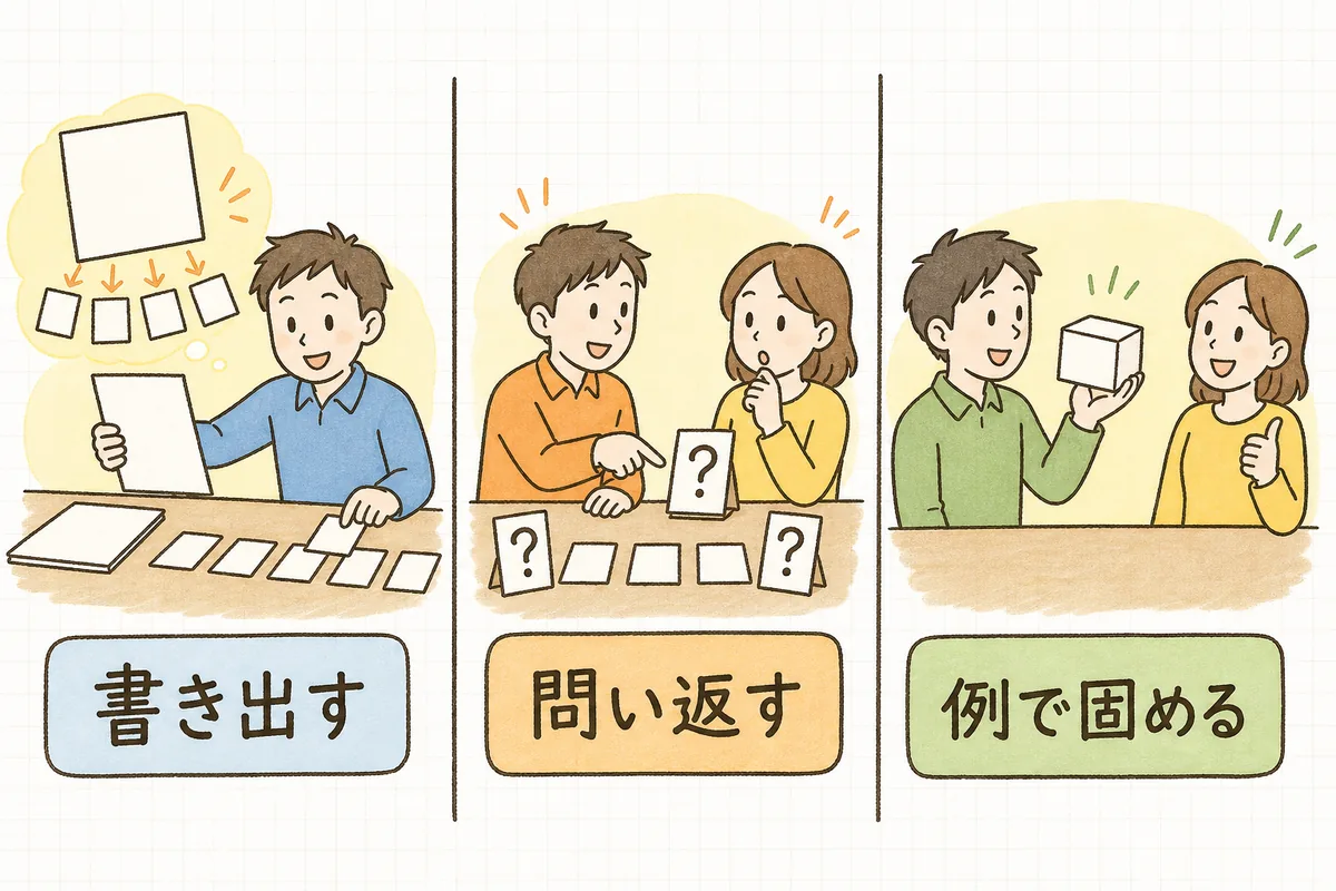 依頼のメモを小さなカードに分けて机に並べる場面、カードの横に立てた吹き出し型の札を依頼者と一緒に見る場面、見本の品を手に取って依頼者とうなずき合う場面を並べた図