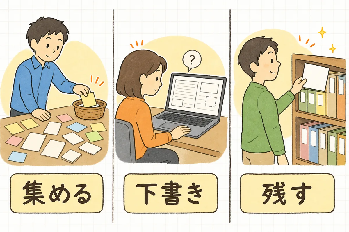担当者が机の上の付箋やメモ用紙を1つのかごに集めている場面、ノートパソコンの画面に空欄のある下書き用紙が映り担当者がのぞき込んでいる場面、担当者が書き上げた1枚の紙を棚のファイルに収めている場面を並べた図