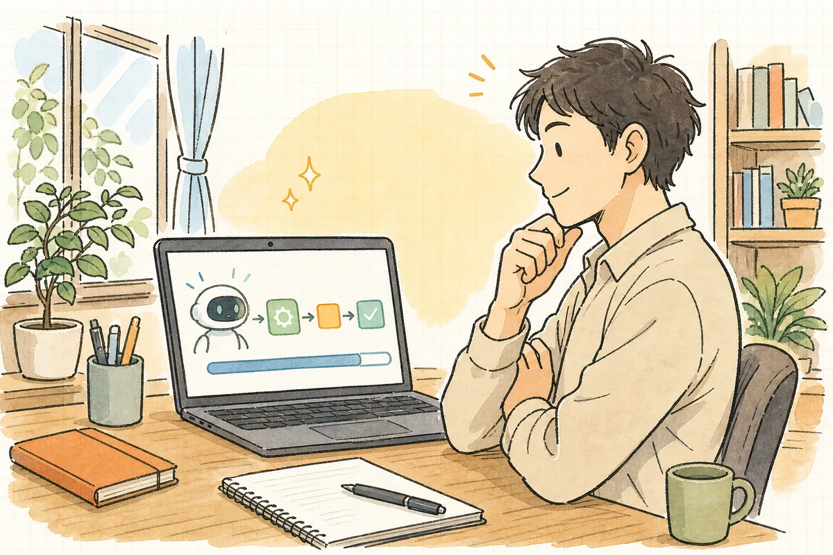 AIエージェントが自分でファイルを編集しテストを走らせている画面を前に、どこまで任せてどこで止めるかを落ち着いて見極めようとしている開発者