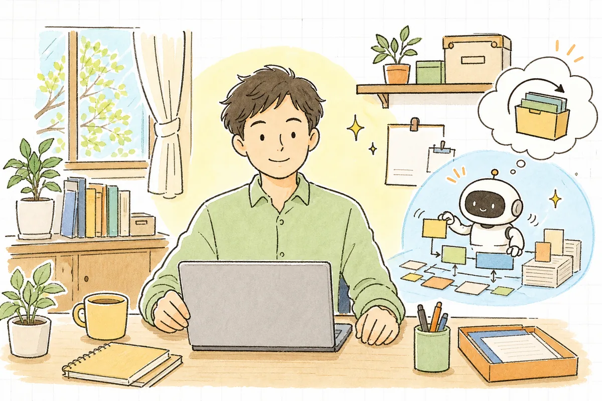 作業用ブランチと小さなコミットで戻せる備えを整えたうえで、AIエージェントに安心して作業を任せ、落ち着いた表情で見守っている開発者