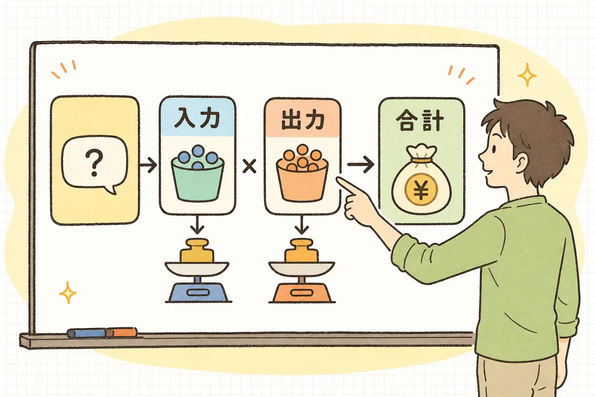 ひとつのリクエストが「入力トークン」と「出力トークン」に分かれ、それぞれに単価がかかってコストになる流れの図