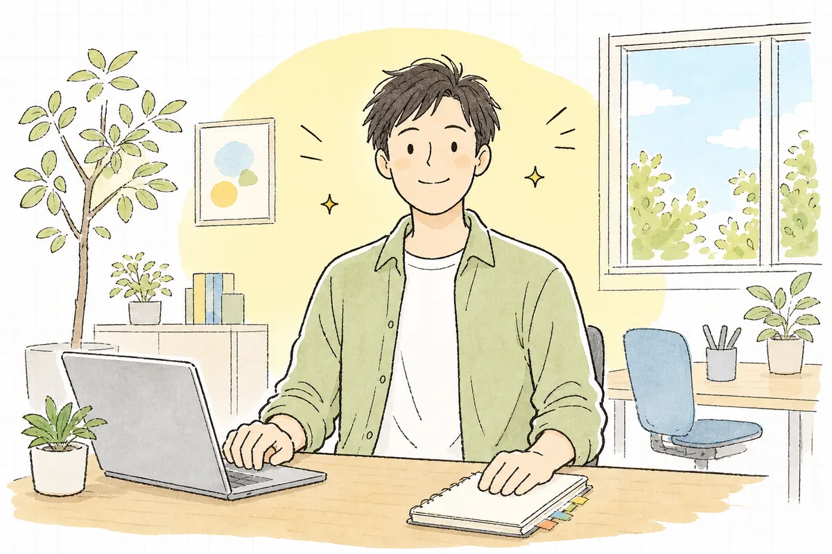 見積もりの根拠を手元に、上司への説明を終えて落ち着いた表情で前を向いている開発者