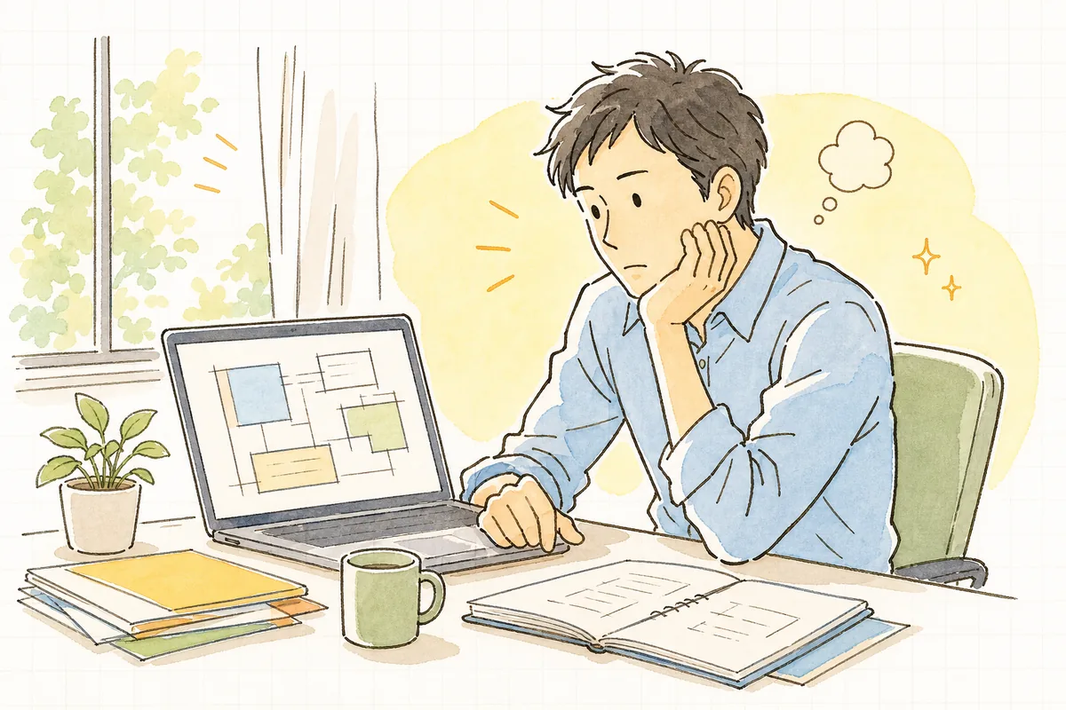 ノートPCに映るAIの設計案を見ながら、「これ、本当にこれでいいのかな」と一人で考え込んでいる開発リーダー