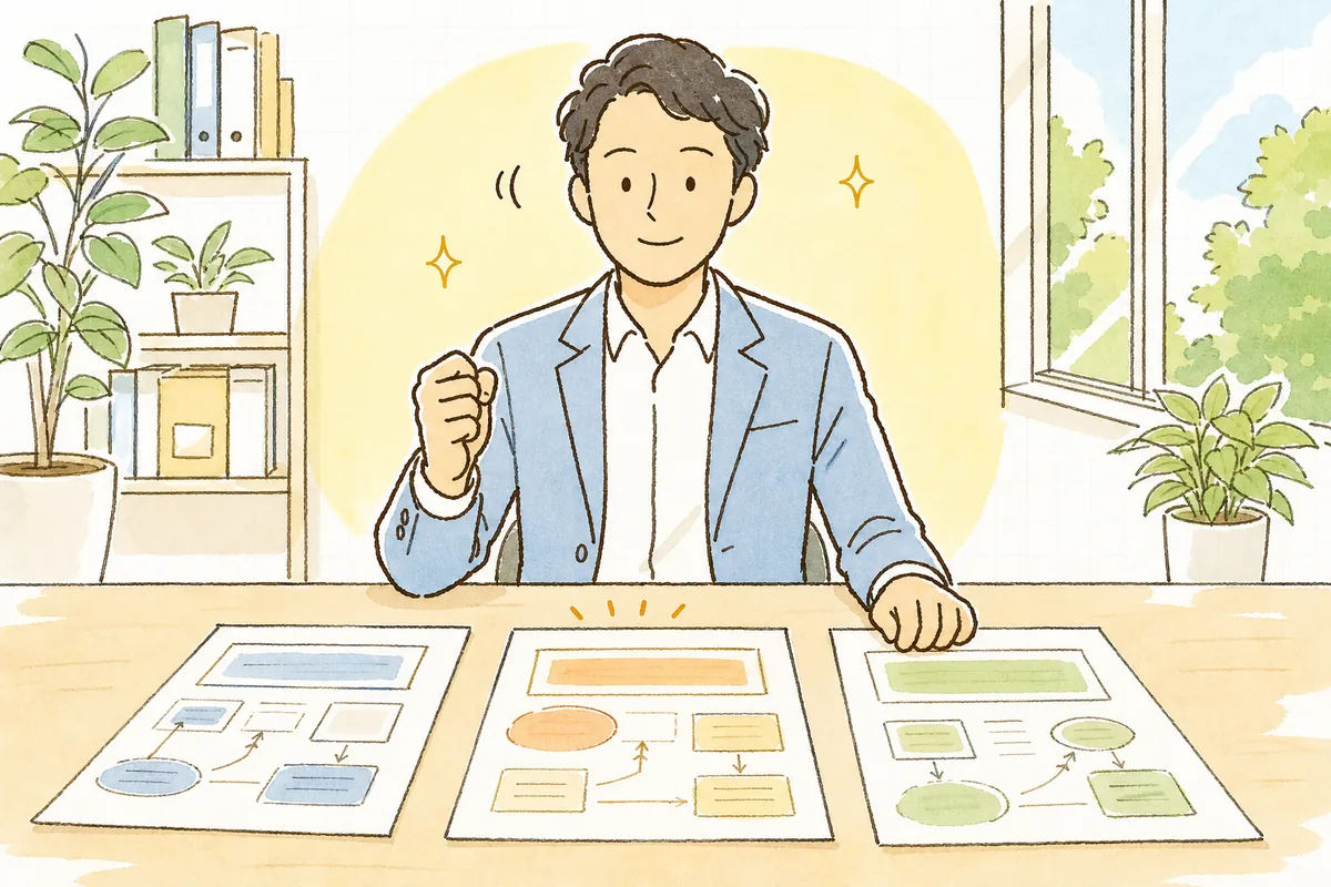 3つの設計案を並べた比較表を前に、自分の言葉で「今回はこれで行こう」と納得して選べた開発リーダー