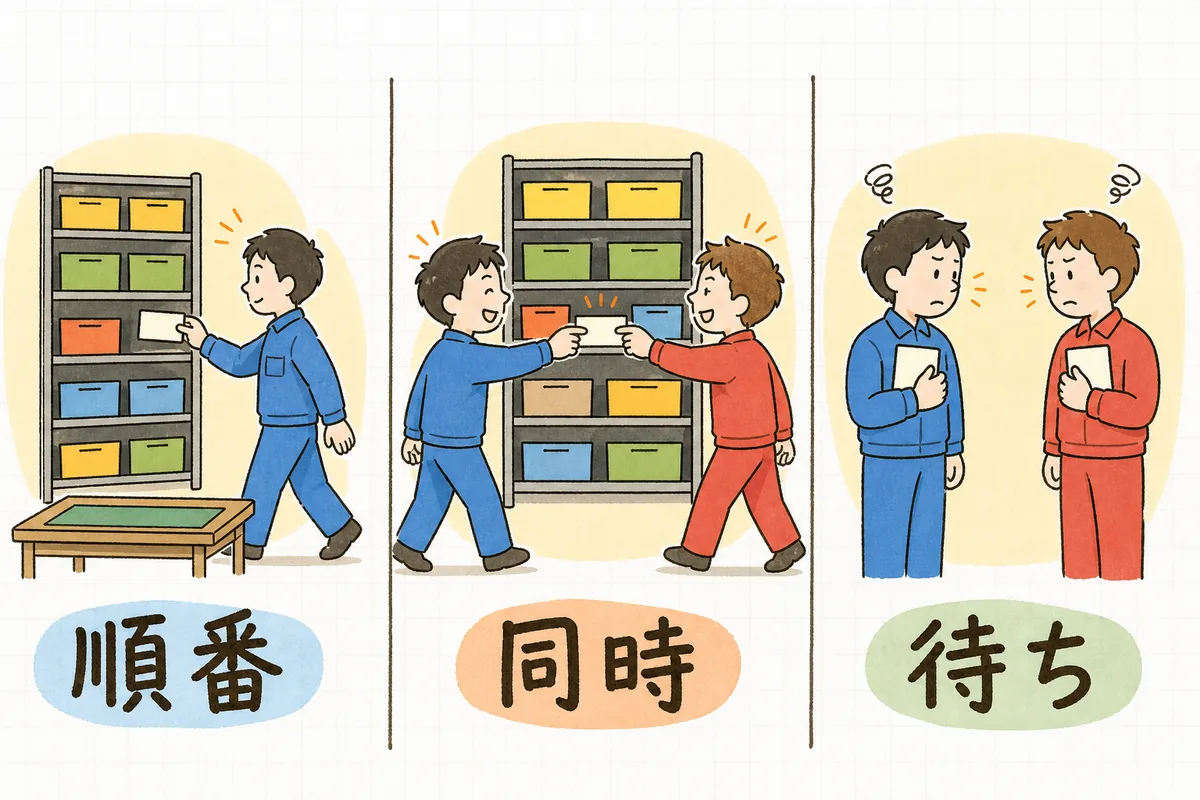 ひとりずつ順番に札を取る場面、二人が同時に同じ札に手を伸ばす場面、お互いの札を待って動けない場面を並べた図