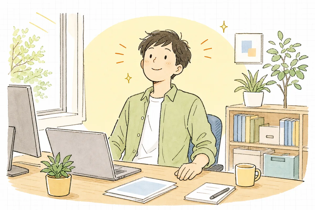同時に動いたときの確認をひととおり終えて、安心した表情で顔を上げている開発者