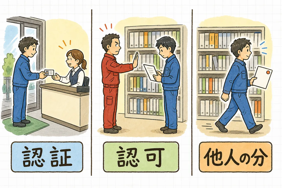 入口での本人確認と、1件ごとの持ち主確認の違い、そして他人の分に手が届いてしまう場面を並べた図
