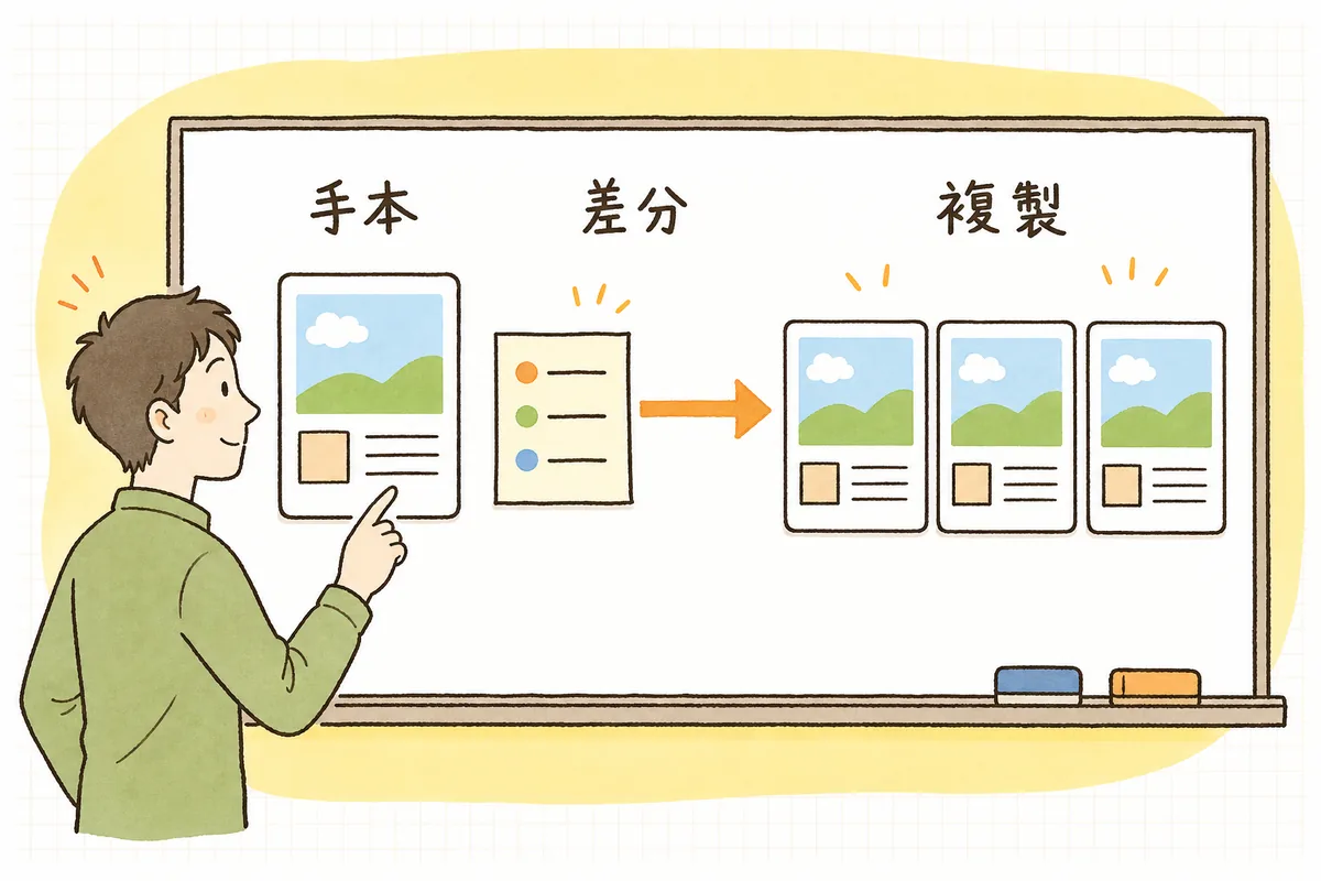 手本1件を渡し、変わる差分だけを指定して、揃った定型コードを複数生成させる流れを示した概念図