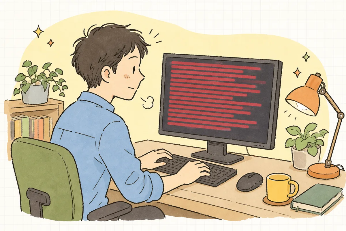 赤いエラーメッセージがずらりと並んだターミナル画面を前に、少しうんざりしつつも「どこから直そうか」と落ち着いて向き合おうとしている開発者