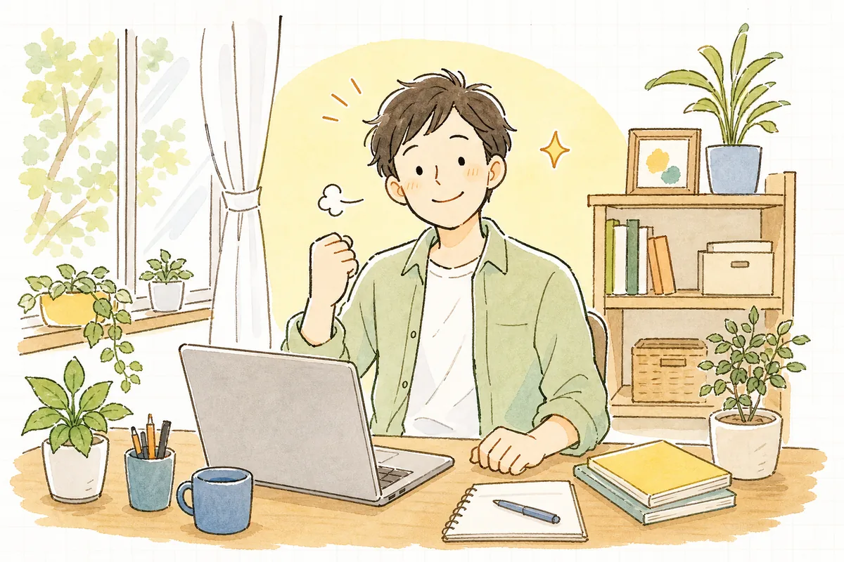 エラーが解消してビルドが通り、「よし、進める」と肩の力が抜けてやわらいだ表情で、次の作業へ落ち着いて向かおうとしている開発者
