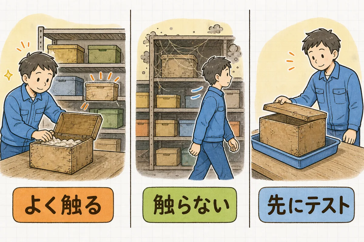 よく手に取る箱を手入れする場面、棚の奥の箱に触らず通り過ぎる場面、受け皿を敷いてから手を入れる場面を並べた図