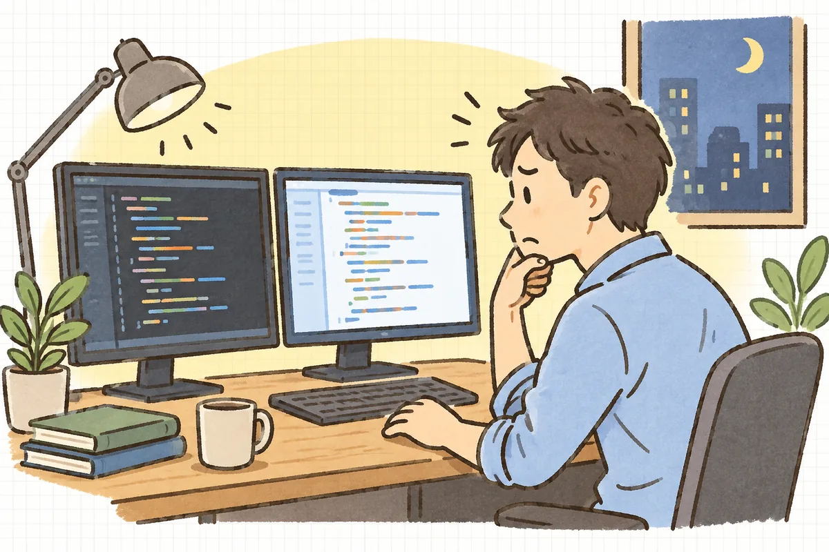 2台のモニターに古いコードと新しいコードを並べて表示し、少し不安そうな表情で見比べている開発者