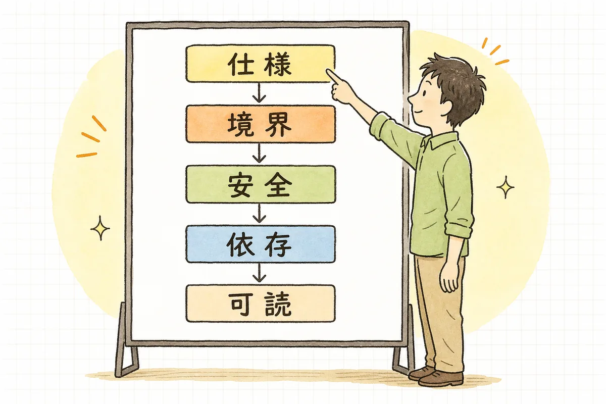 AI生成コードを「仕様」「境界」「安全」「依存」「可読性」の5つの関門を上から順に通していく流れ図
