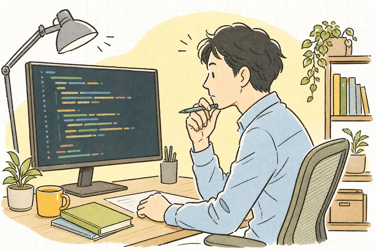 ディスプレイに表示されたAI生成のコードを、片手にペンを持って一行ずつ確かめている開発者