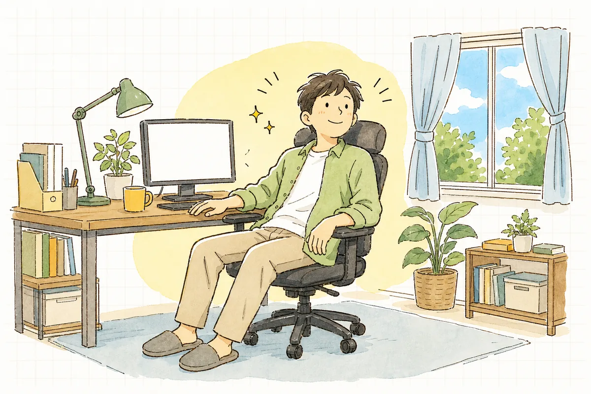 レビューを終えてプルリクを承認し、椅子の背にもたれて窓の外を見て一息つく開発者