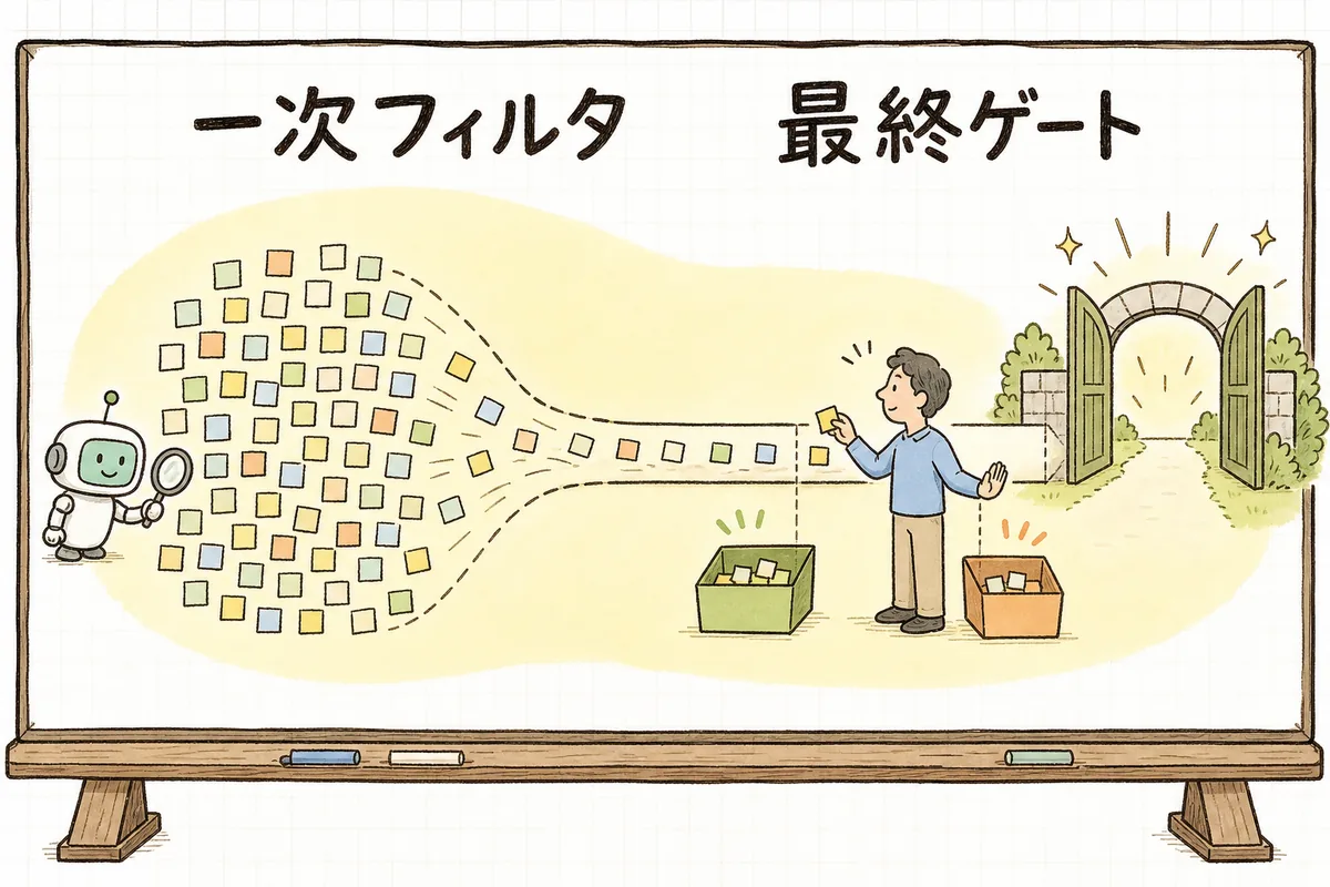 AIが拾った指摘の山を通り抜けた先に、人が最終承認のゲートに立って一つずつ通すかを判断している様子を示した図