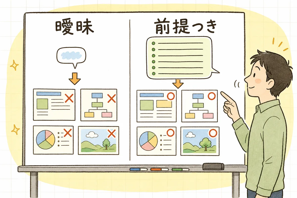 前提を渡さない曖昧な依頼と、5つの前提をそろえた依頼を左右に並べ、返ってくる生成コードの精度の違いを示した比較図