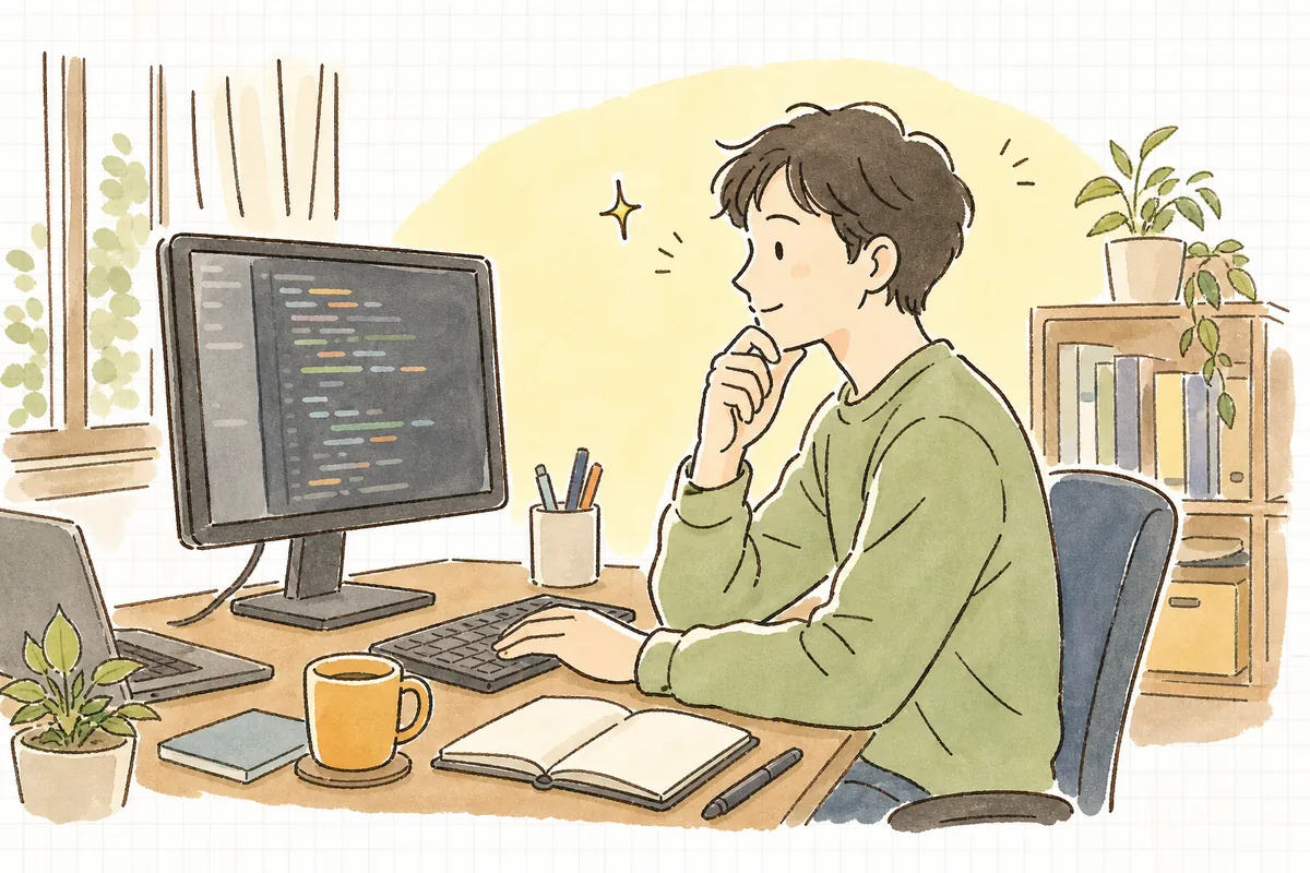 AIが書いたコードの命名やインデントがチーム規約と少し違うのを、毎回手で直すのではなく、仕組みで揃えようと落ち着いて考えている開発者