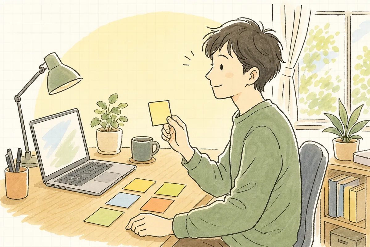大きな機能を頼む前に、作業を小さな単位に分けて付箋に書き出し、ひとつずつ進めようとしている落ち着いた開発者