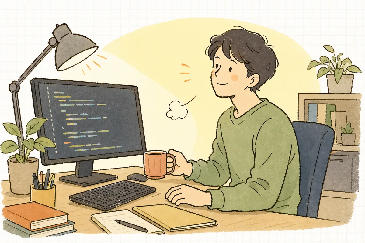 実装を終えた開発者が、コミットメッセージとPR説明を書く前に一呼吸おいて、AIに下書きを頼もうとしている落ち着いた場面
