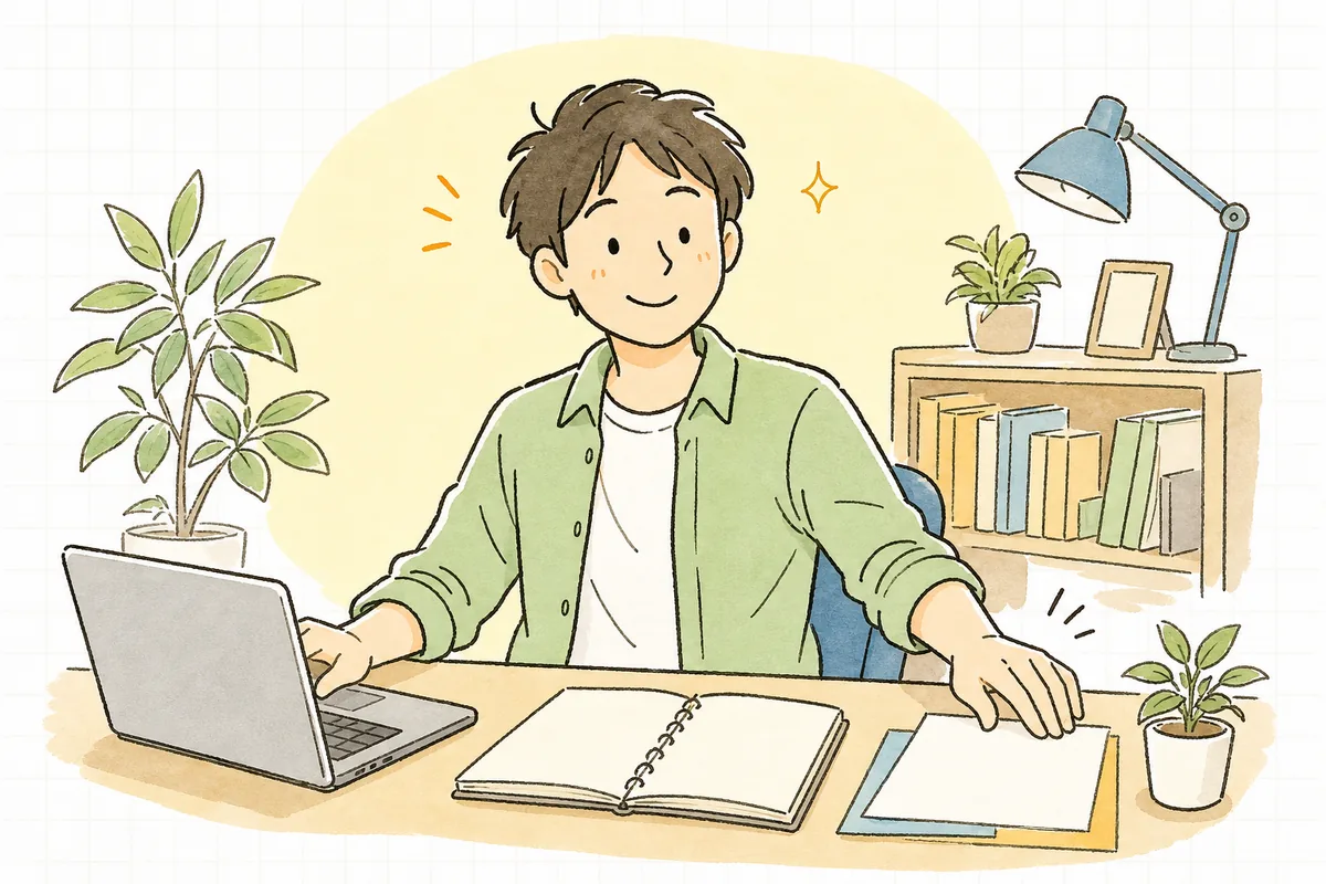 コミットとPRの説明を無理なく書き終え、すっきりした表情でレビュー依頼を出そうとしている開発者