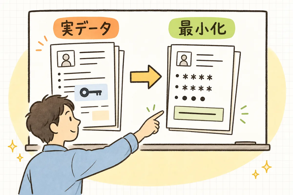社内データの固有名や鍵を伏せ字に置き換え、必要な構造だけを残してAIに渡す最小化の流れ図