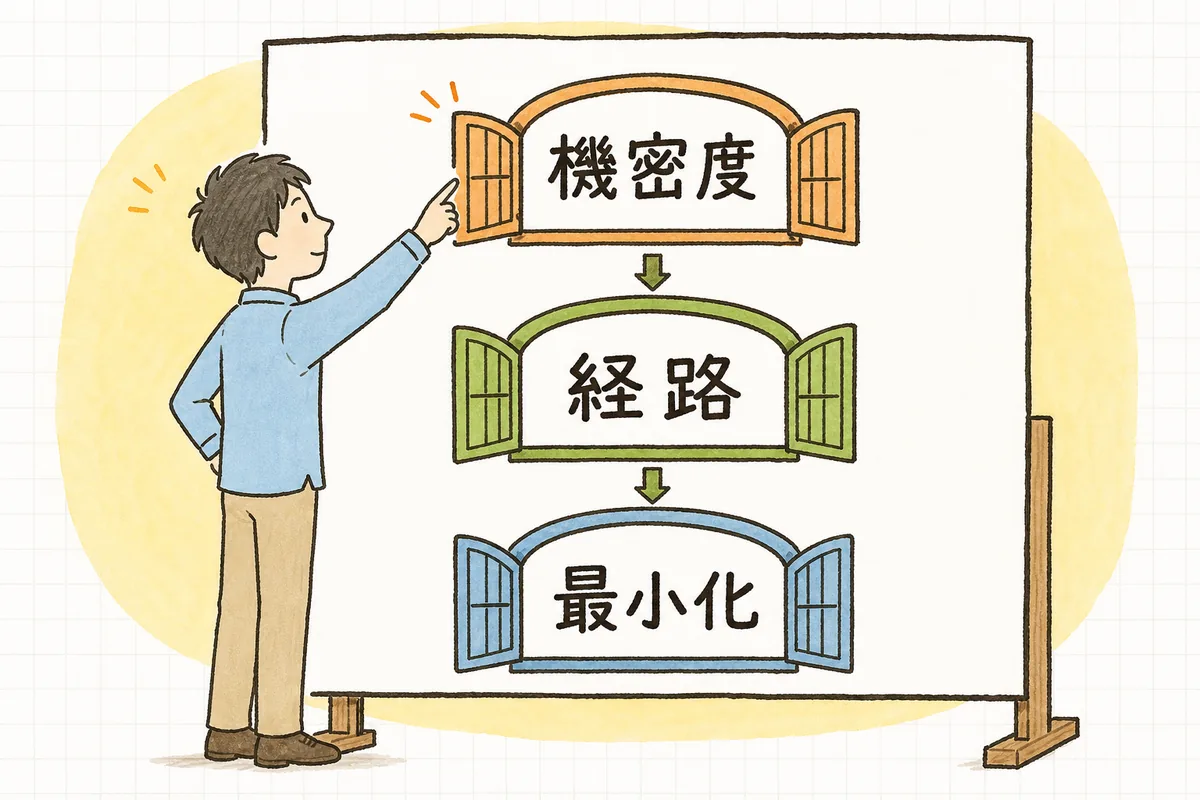 AIに渡す情報を「機密度」「経路」「最小化」の3つの問いで上から順にふるいにかける判断フロー図