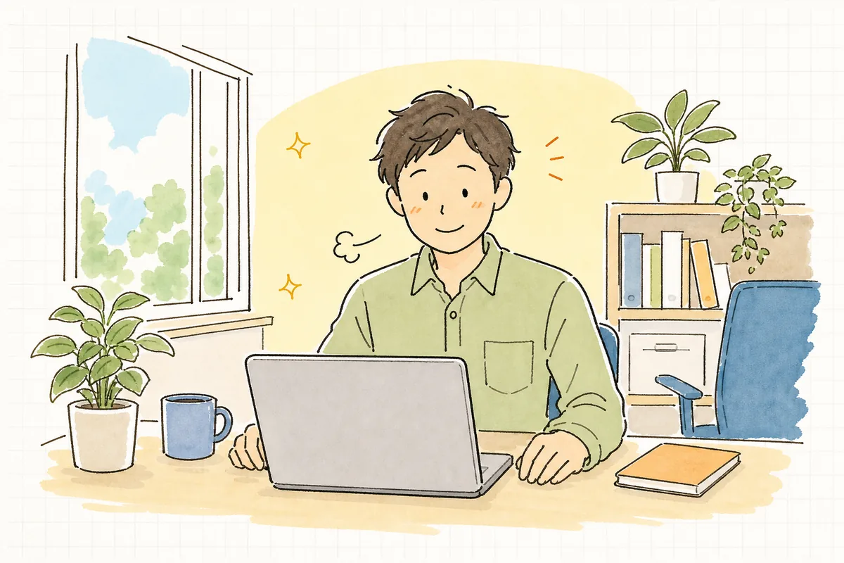 安全を確認したうえでAIに質問を送り、肩の力を抜いて画面を見ている穏やかな表情の開発者