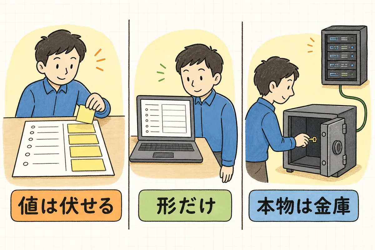 値に付箋を貼って伏せる場面、キー名だけの雛形を書かせる場面、本物の値は金庫に入れてサーバへ渡す場面を並べた図