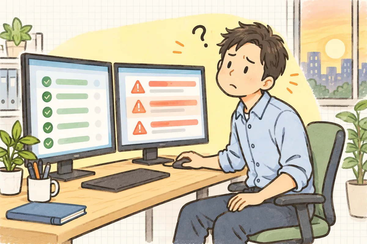 夕方のオフィスで、テストはすべて通っているのに、つないだ画面がエラーになっているモニターを前に、首をかしげている開発者