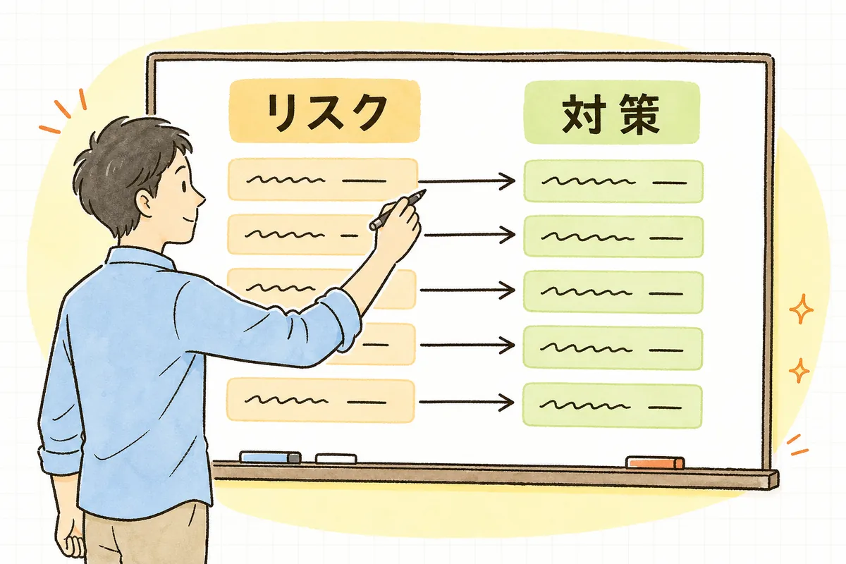 挙げたリスクの一つひとつに、対になる対策を1行ずつ添えていく様子を示した概念図
