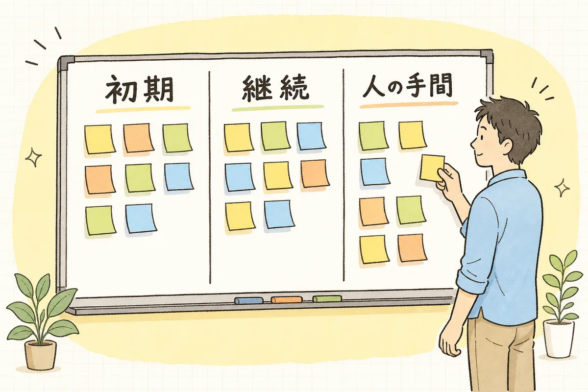 AI導入のコストを「初期費用」「継続費用」「人の手間」の3つの箱に分けて整理している概念図