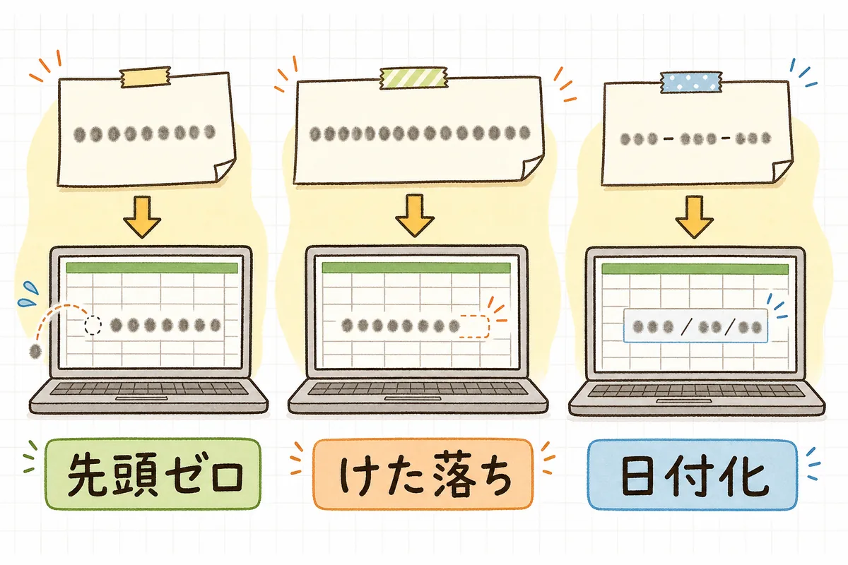 書き出したファイルの中では正しい値が、表計算ソフトで開くと先頭ゼロの消失・けた落ち・日付への変換という3つの形で変わってしまうことを並べた図