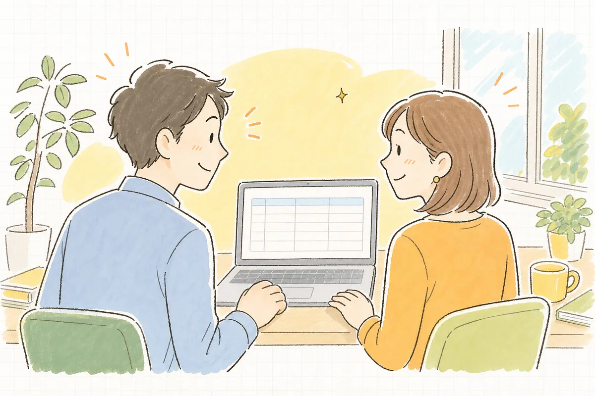 出力したファイルを相手の担当者と一緒に画面で確かめ、問題なく開けたことに二人とも安心している場面