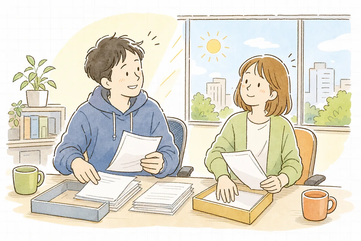 移行が無事に終わった朝、旧システムの資料を片づけながら開発者と業務担当者が穏やかに一息ついている場面