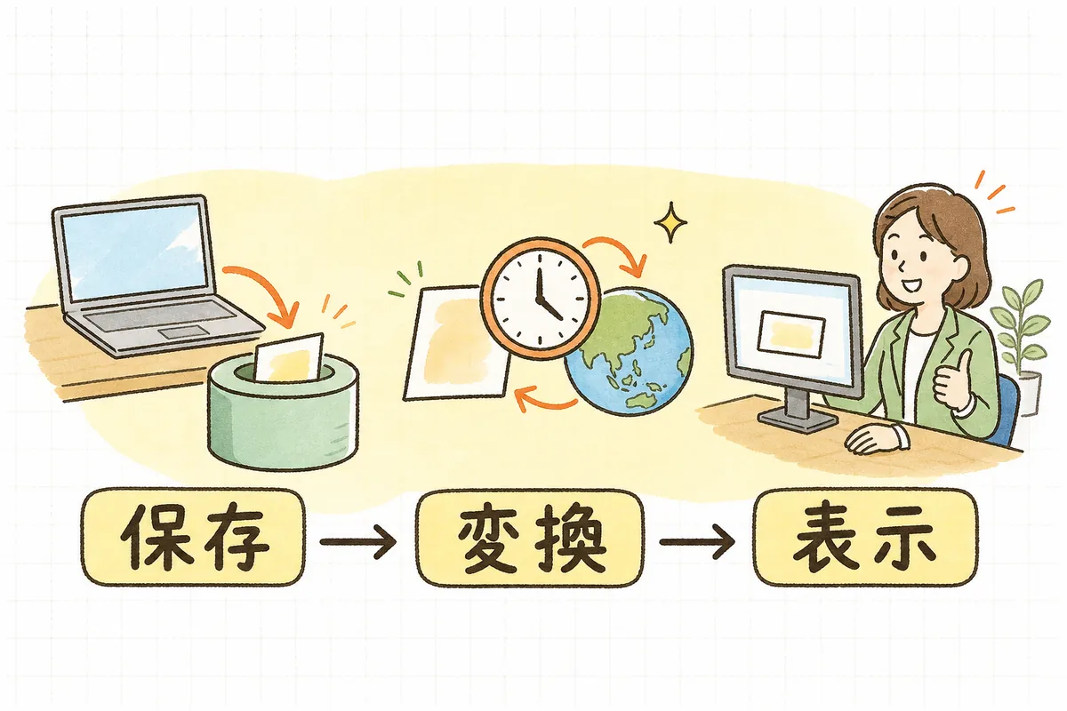 日時データを保存するときと画面に表示するときで、時差の変換をどこで行うかを左から右へ3つの段階で示した図