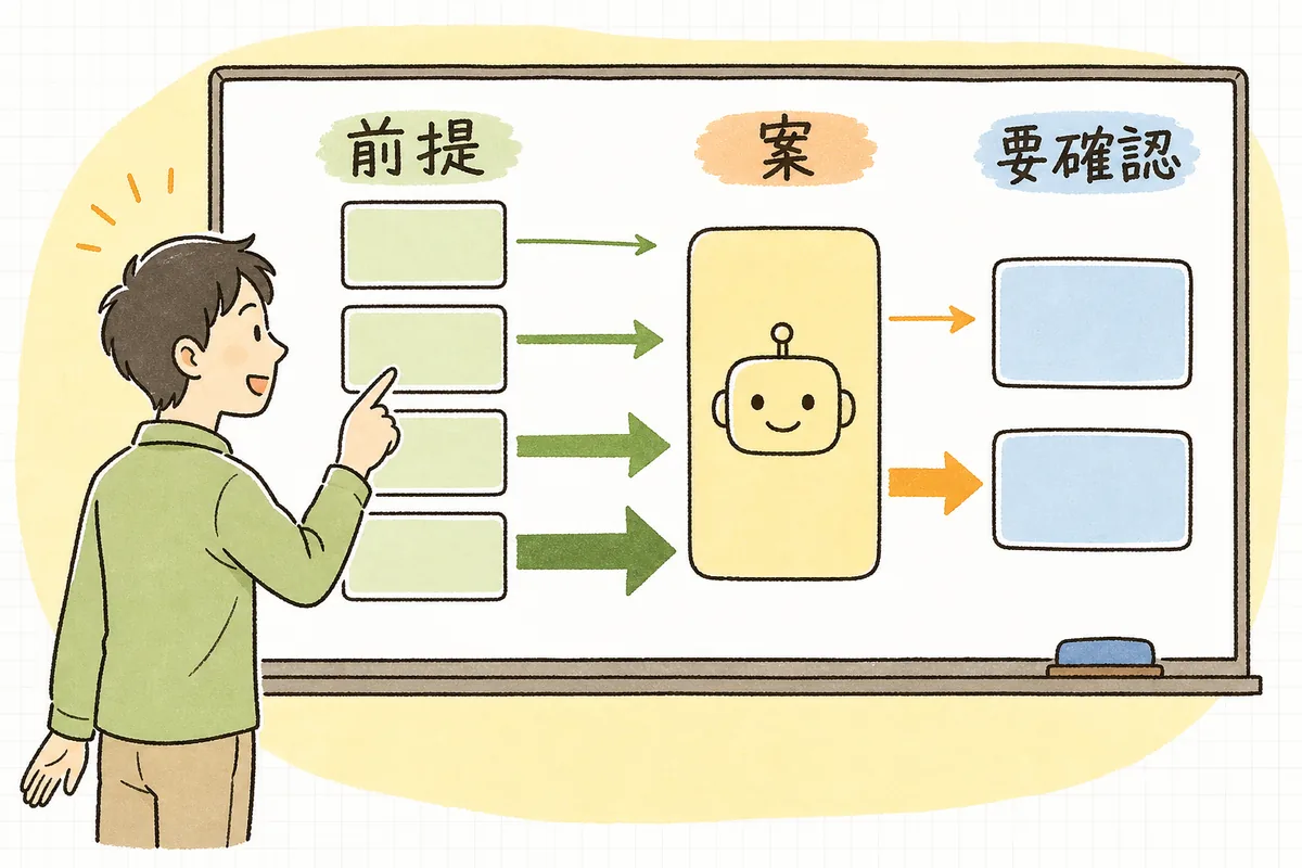 保存するデータ・主な操作・規模・将来の変化の4つの前提を渡してからAIに設計を相談する流れを示した概念図