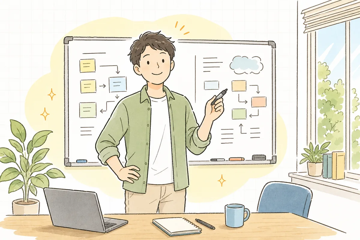 整理を終えてホワイトボードに小さな計画を書き出し、すっきりした表情で次の一歩に向かおうとしている開発者
