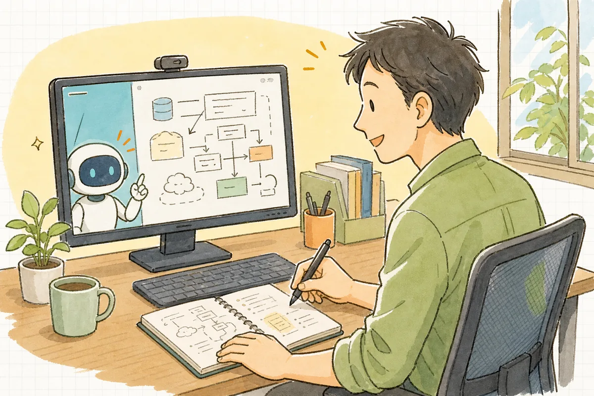 設計書を画面に開きながら、AIに見落としを洗い出させて自分のメモと突き合わせている開発リーダー