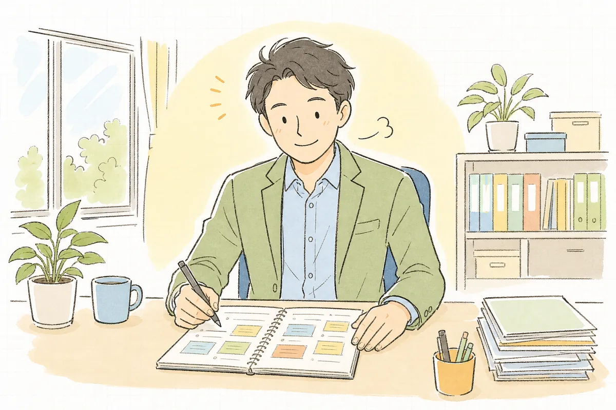 洗い出した見落としを確認し終え、自分で判断した設計に納得して次の作業へ進もうとしている開発リーダー