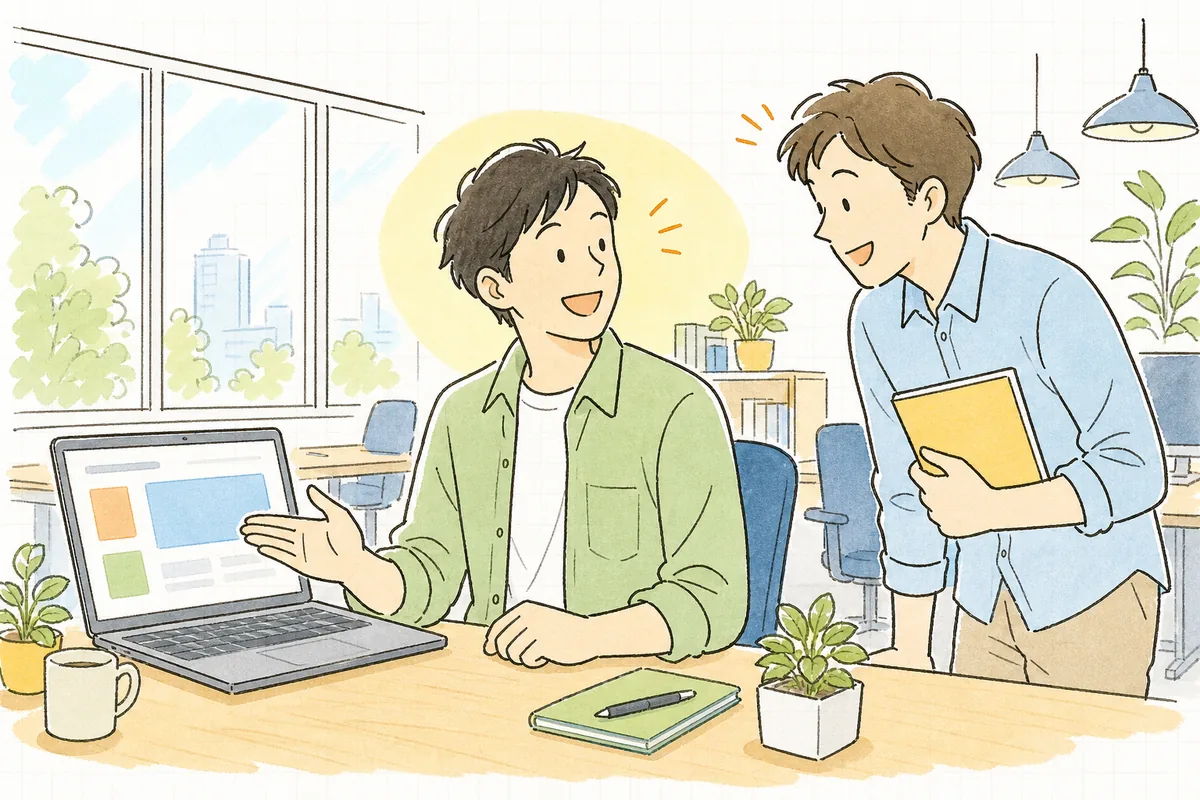 朝のオフィスで、立ち上がった開発画面を前に、隣の同僚と笑顔で言葉を交わしている開発者