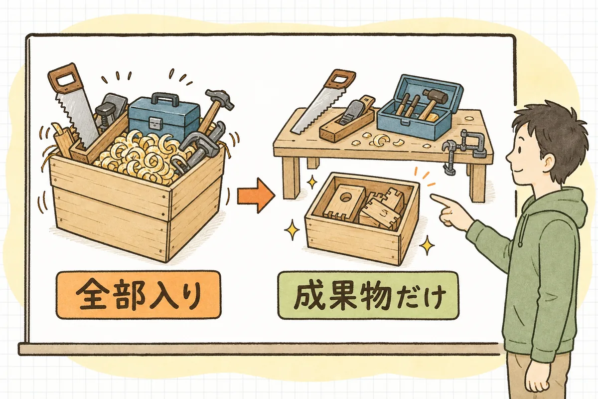 ビルド用の道具ごと詰め込んだ重いイメージと、出来上がった成果物だけを詰めた軽いイメージを左右に並べて比べた図
