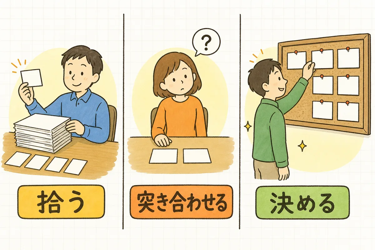 担当者が書類の束から言葉を書いたカードを1枚ずつ抜き出している場面、担当者が机の上に2枚のカードを並べて見比べ、はてなマークの吹き出しが浮かんでいる場面、担当者が整理したカードを壁のボードにきれいに並べて貼っている場面を並べた図