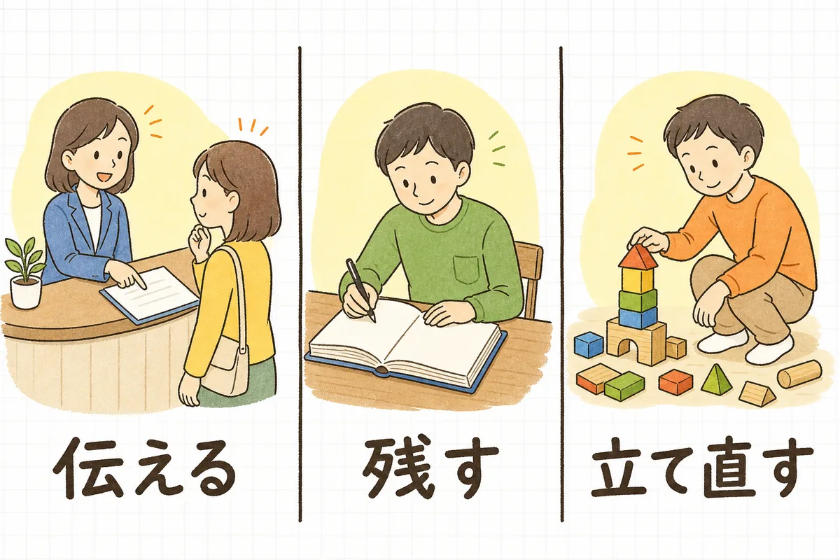受付で利用者に説明する場面、ノートに書き留める場面、倒れた積み木を積み直す場面を並べた図