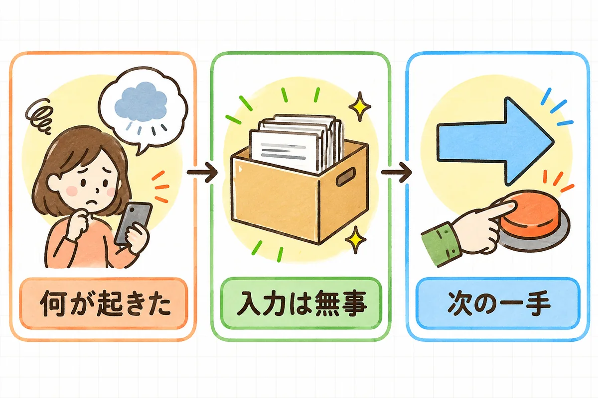AI機能のエラー表示で必ず伝える3点（何が起きたか・入力は無事か・次の一手）を左から順に並べた図