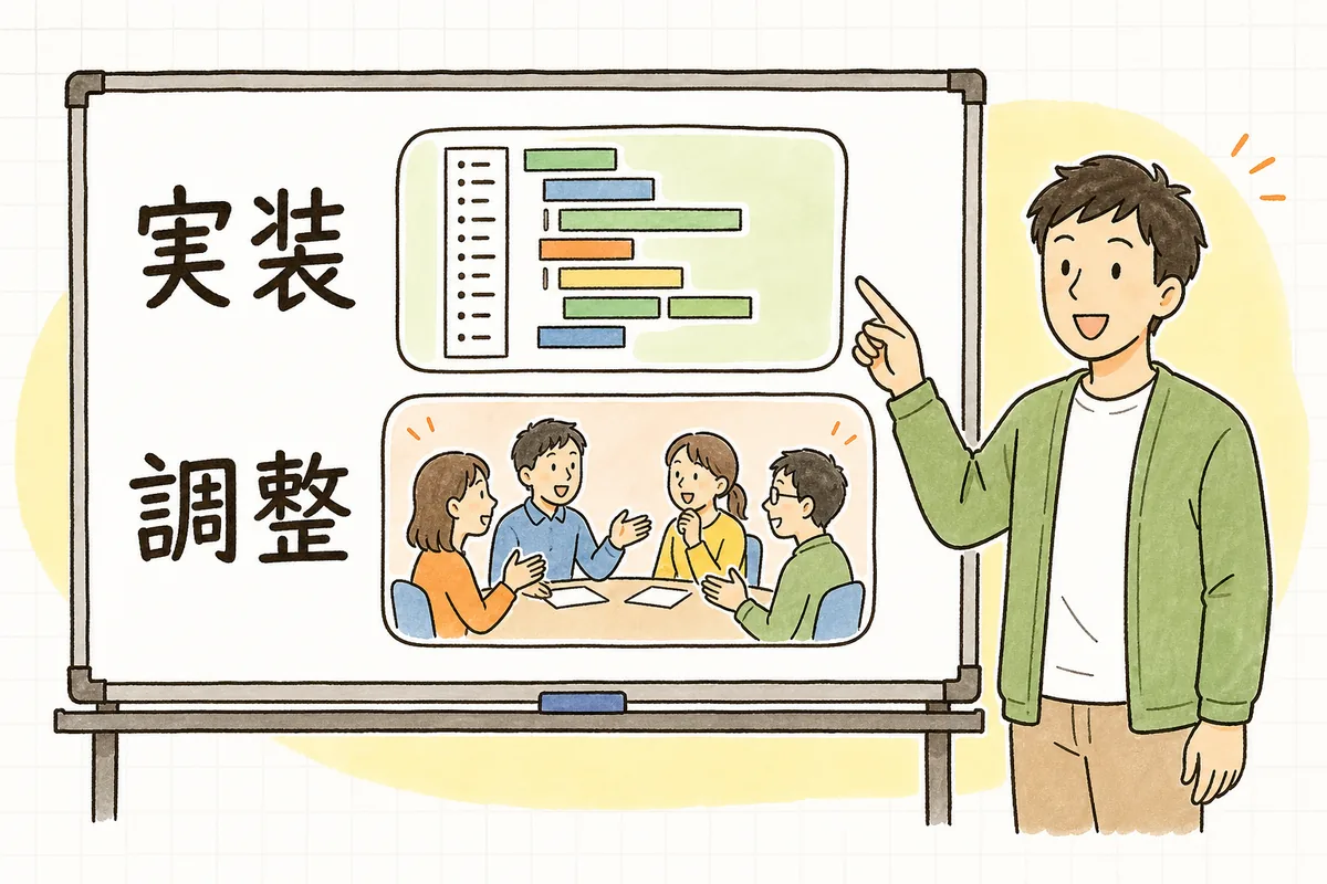 開発の工程を並べ、AIが効きやすい工程と、人の判断や調整で決まる工程を分けて見る図