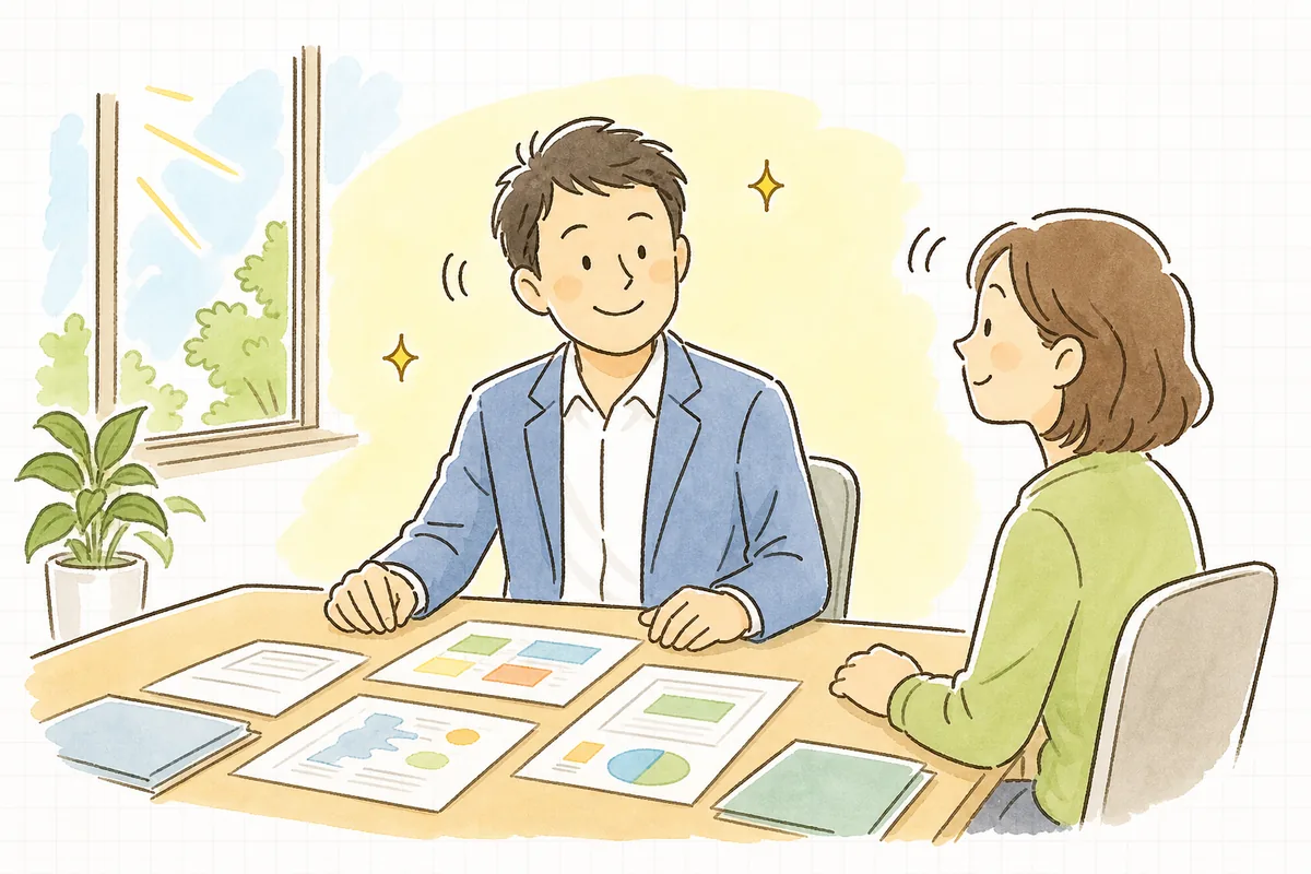 工程ごとの内訳を示した見積もりで相手と納得して話がまとまり、穏やかな表情の開発リーダー