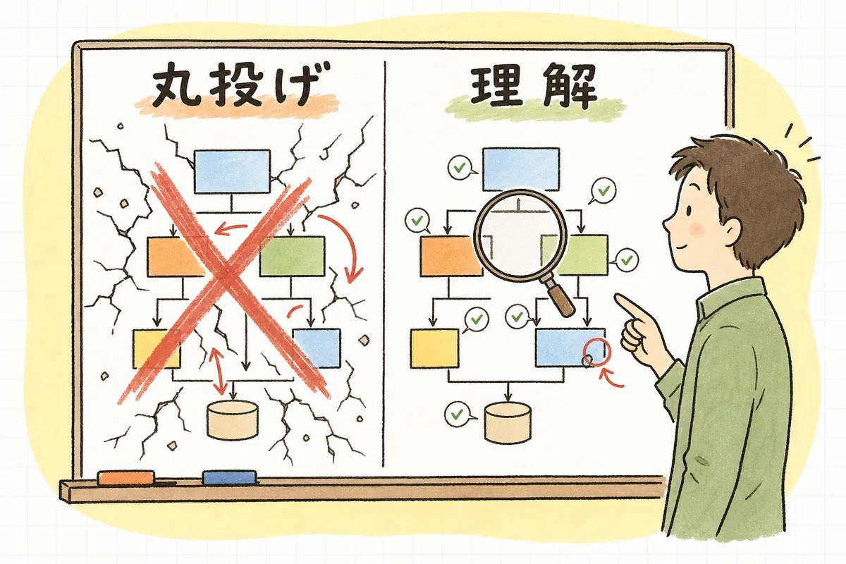 いきなり修正を任せる進め方と、まず説明させて理解してから直す進め方を左右に並べ、壊すリスクの差を示した比較図