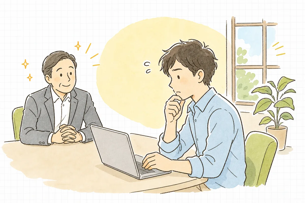 会議室で上司の高い期待と、手元の画面に見えている現実の差の間に立ち、どう説明したものかと考えている開発者