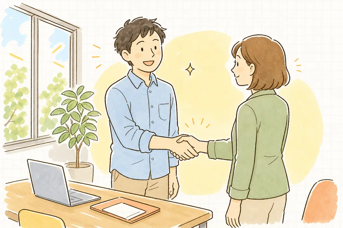 打ち合わせのあと、相手と穏やかに合意できてすっきりした表情で前を向いている開発者